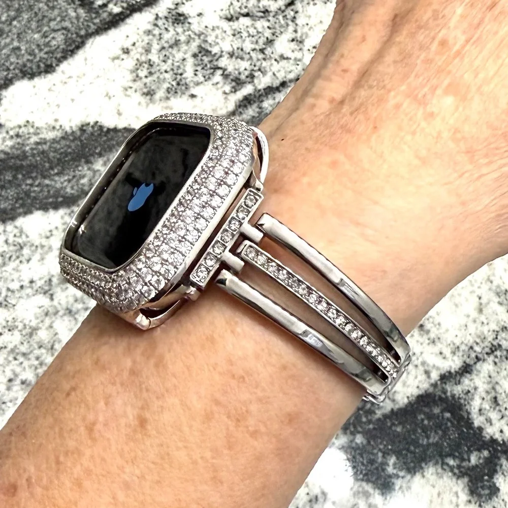 2 pc Apple Watch set white gold lab diamond case and crystal band classy bling